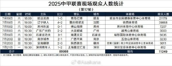 2025中甲职业联赛  现场观赛人群  人数统计（第17轮） ​​​