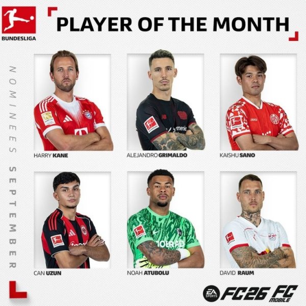 德甲官方9月最佳球员候选：凯恩领衔，格里马尔多、乌尊在列