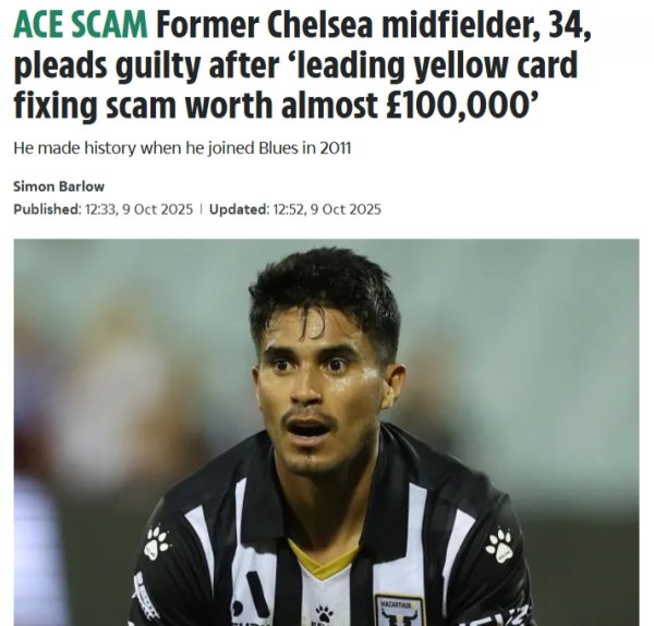 共获利10万镑！前切尔西中场球员承认在澳超加入  假球，曾给队友5000镑