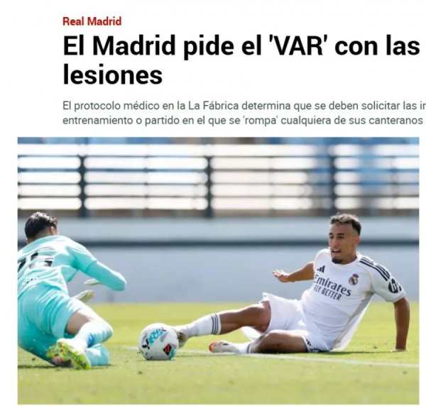 马卡：自家青训在U20集训负伤  ，皇马要求西足协提供负伤  时的录像