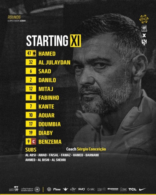 吉达联合对阵利雅得新月杆位：本泽马PK努涅斯，坎特、特奥出战