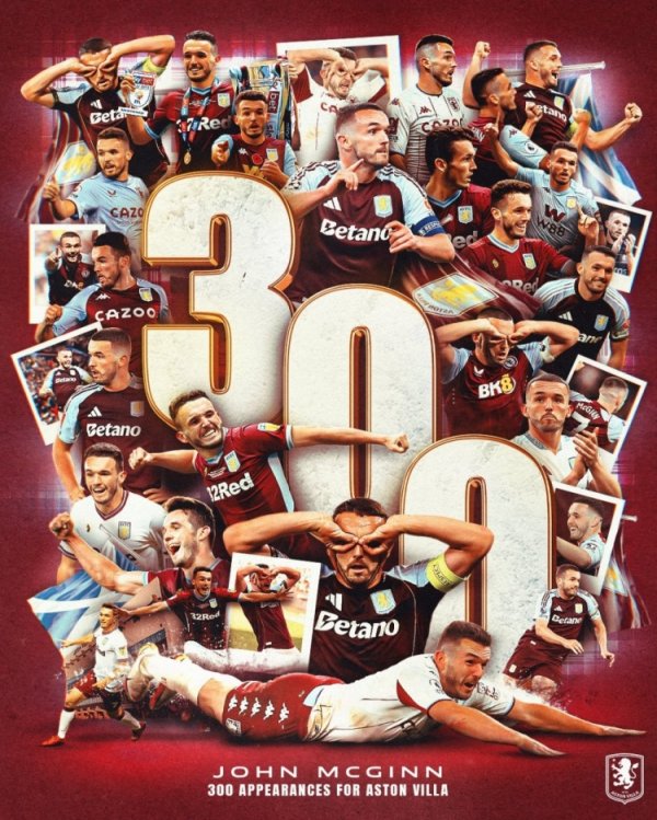 里程碑！麦金为维拉出战300场赛事  ，贡献33球41助