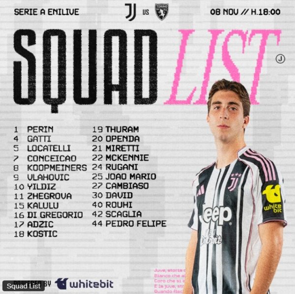 尤文本轮意甲都灵德比名单：伊尔迪兹领衔，DV9、小孔塞桑在列